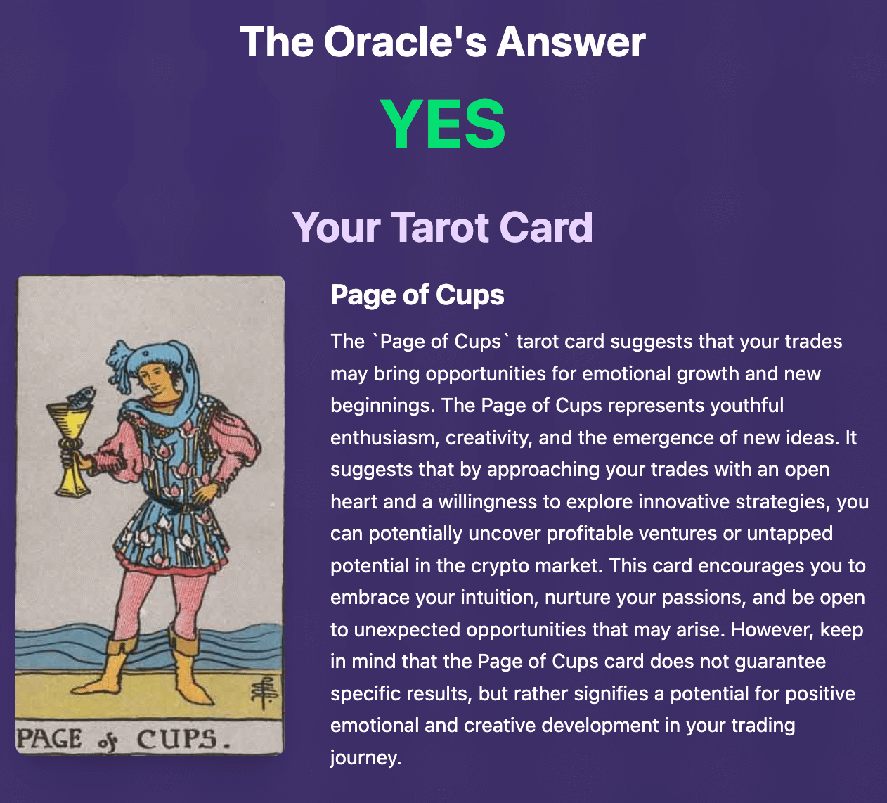 Yes No Oracle user interface showing a clear answer to a life decision question